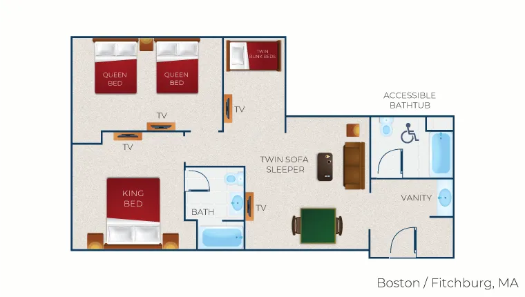 The floorplan of the accessible Grizzly Wolf Den Suite